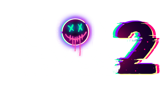 Bold, blocky font with neon effects and a glitchy smirking face.
