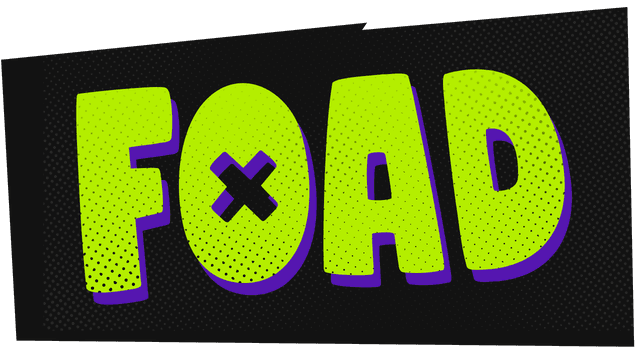 Comic halftone style with bold, blocky green letters and purple shadows.
