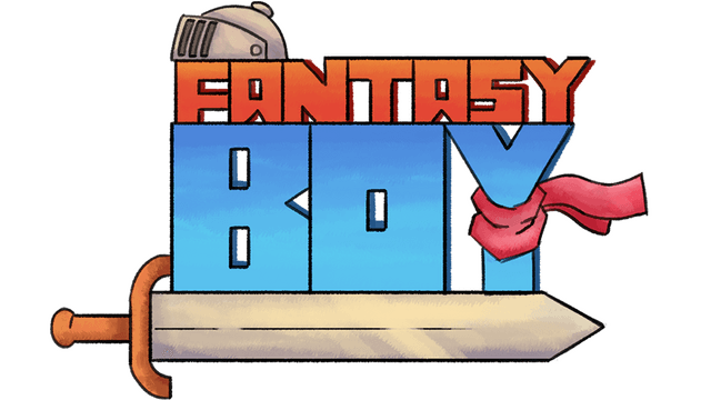 Stylized blocky font with a sword and helmet, red scarf accent.
