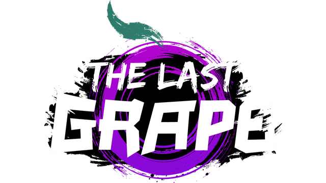 Stylized text with jagged edges on a purple brush stroke forming a grape.