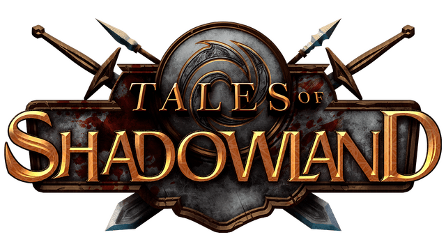 Ancient-style font with metallic texture and crossed sword motif.