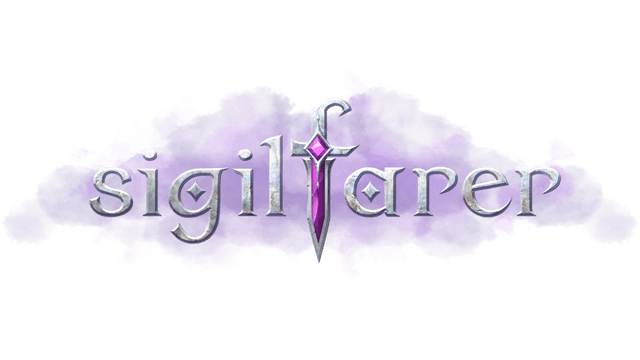 Silver serif font with sword as "l," purple jewels, smoky purple backdrop.