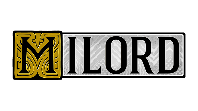 Stylized "M" with ornate details, bold serif letters on textured background.