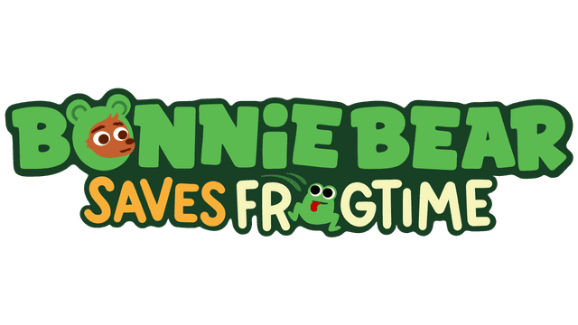 Rounded green letters, bear face and frog accents, dynamic playful style.
