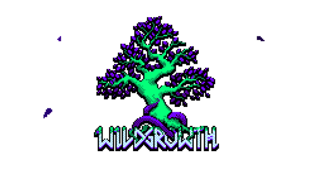 Pixelated font under a glowing tree with purple foliage.