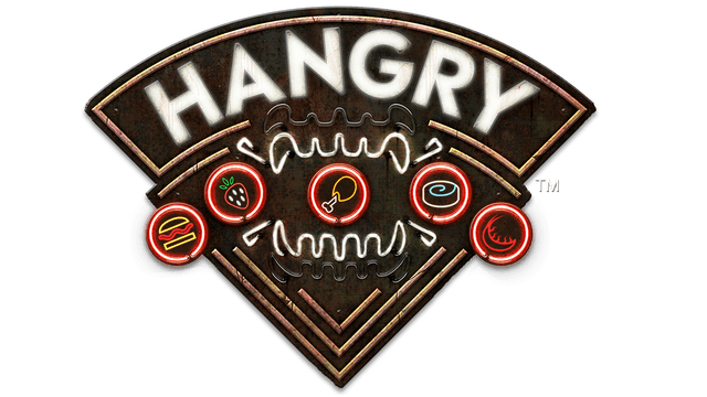 Bold, curved text with neon food icons and jagged teeth design.