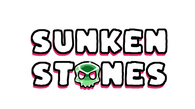 Bold, rounded text with pink drop shadow; green skull O with angry eyes.