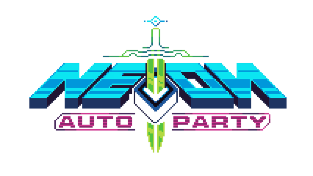 Pixelated font with 3D depth, central sword motif, and neon accents.