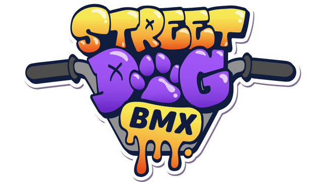 Cartoon-style text with paw print, handlebars, and dripping effect.
