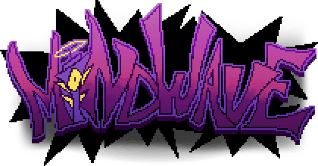 Stylized purple gradient font with pixelated, jagged letters and halo.