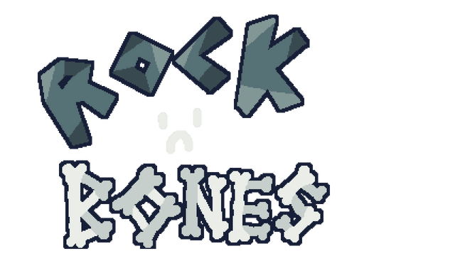 Rock-like 3D text with bone-inspired letters and a sad face symbol.