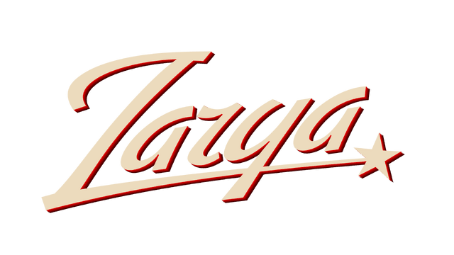 Stylized script font with italic slant and bold red shadow, ending in a star.