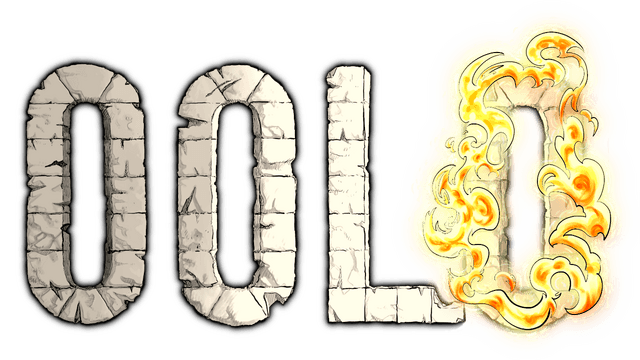 Brick-like letters with a fiery swirl effect on the final letter 'O'.