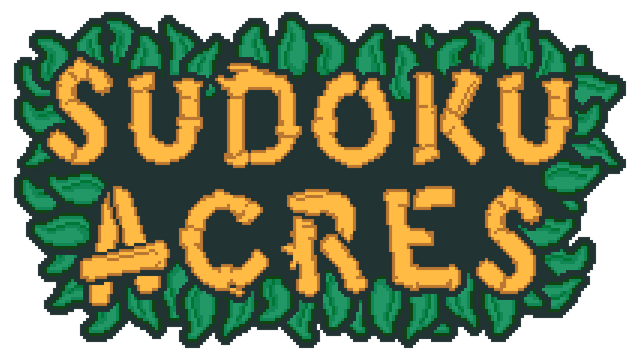 Pixelated letters resembling wooden planks, surrounded by green leaves.