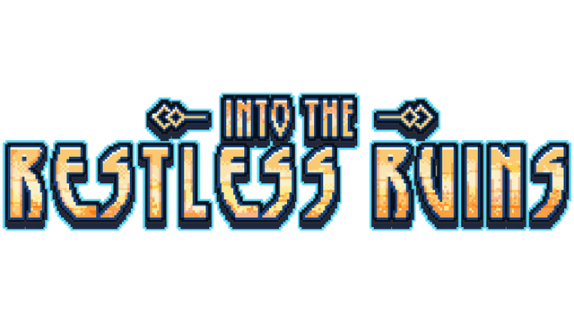Pixelated block font with orange gradient and decorative blue outlines.