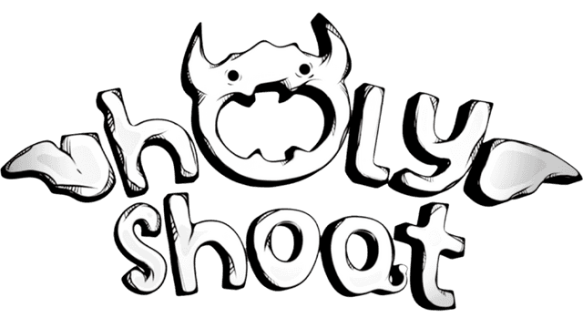 Playful white text with bat-like wings and whimsical horns.