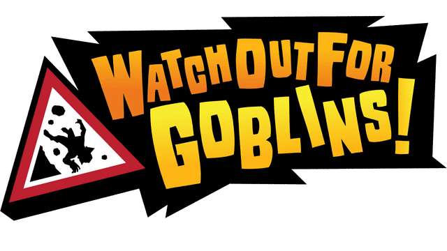 Bold, cartoonish font with gradient colors and a warning sign graphic.