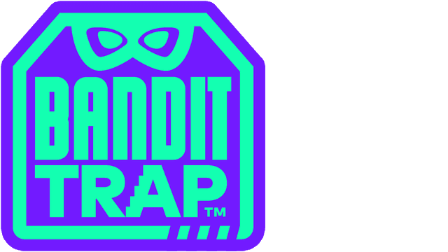Bold blocky font with slanted corners; stylized mask above text.
