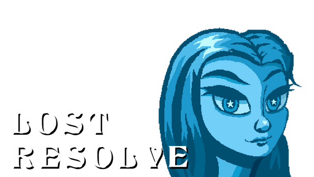 Blocky white font with uneven edges next to a stylized blue young woman.