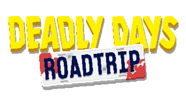 Bold yellow text with shadow; "Roadtrip" on a blood-splattered license plate.