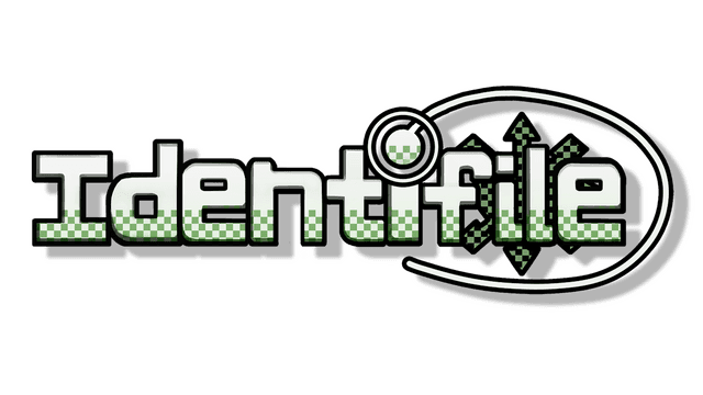 Pixelated green checkered text with magnifying glass and curved line.