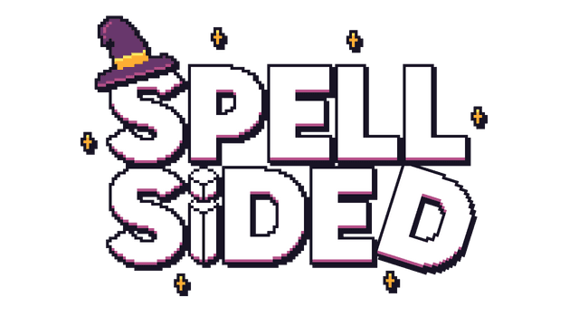 Pixelated white font with purple outline; wizard hat on "S"; stars around.