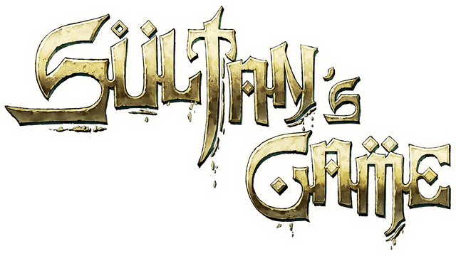 Gold textured font with diamond accents; sword forms the letter "T".
