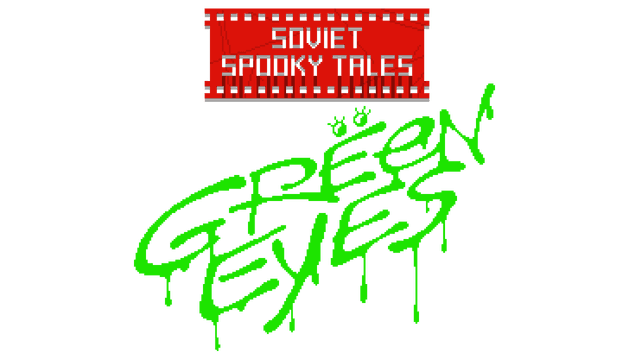 Graffiti-style green text dripping, "E" has eyes; red pixelated film strip.