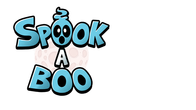 Playful blue font with a ghost replacing "o" and moon backdrop.