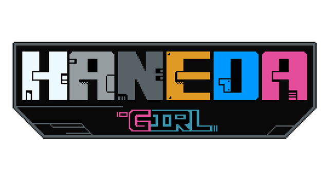 Pixelated, blocky font with multicolored letters and tech-inspired details.