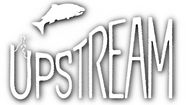 Stylized white lettering with leaping fish, tall, narrow, slightly tilted font.