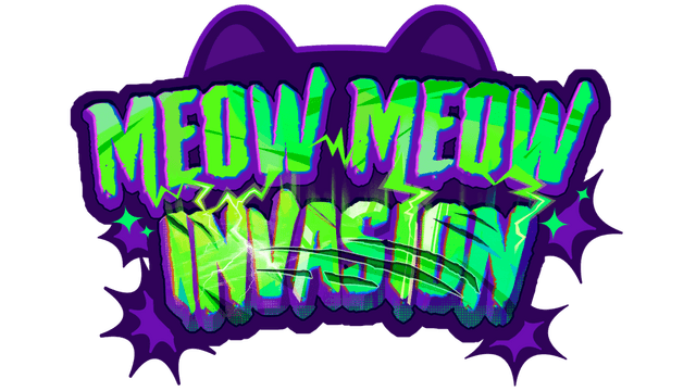 Bold, jagged green font with lightning, purple outline, cat ears, and stars.