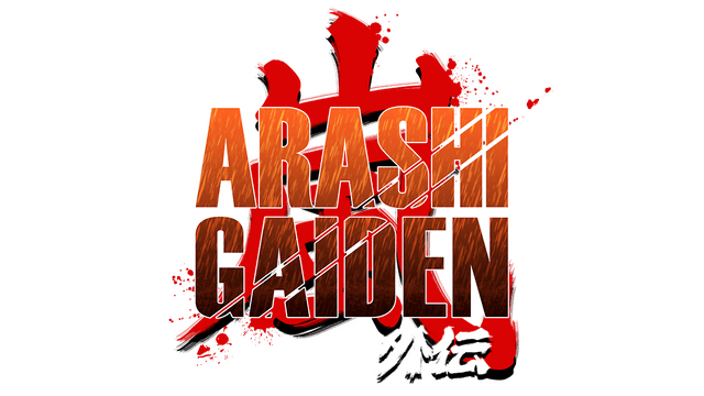 Bold, blocky 3D letters with diagonal slash, red brushstroke background.
