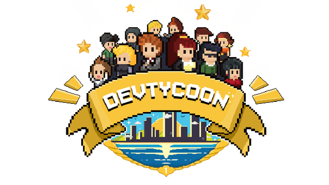 Pixel art characters, angular font on ribbon, stars, city skyline below.