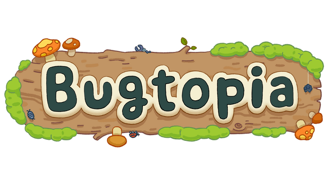 Rounded font on a wooden plank with moss, mushrooms, and insects.