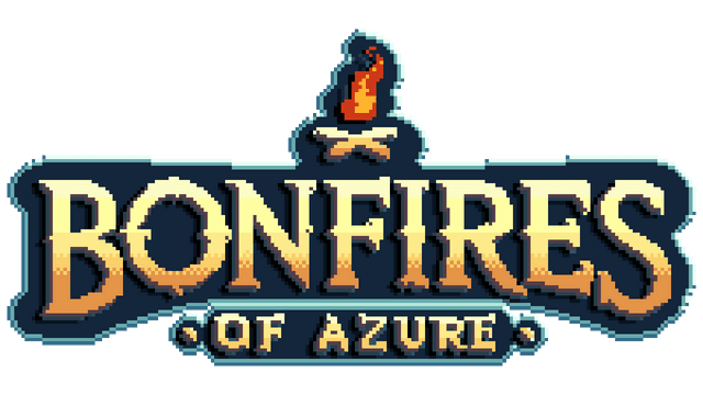 Stylized pixel art font with a flaming torch above bold letters.