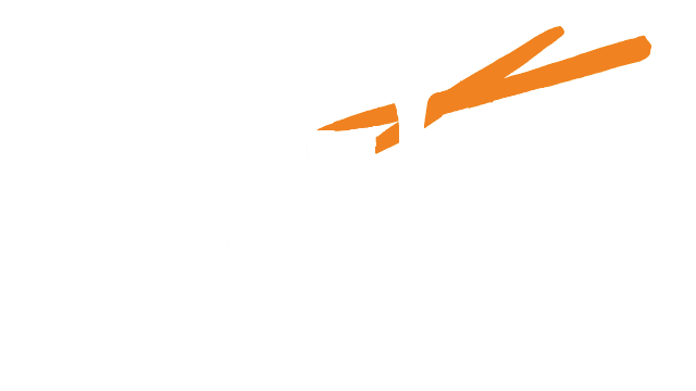 Scribbled white text with hair-like texture, orange chopsticks through 'M'.