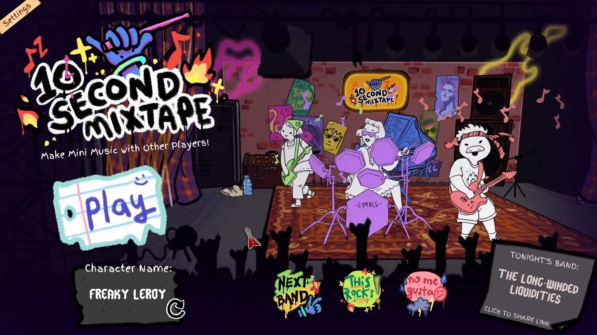 10 Second Mixtape: Main menu with Play button and cartoon band on stage in graffiti club venue.
