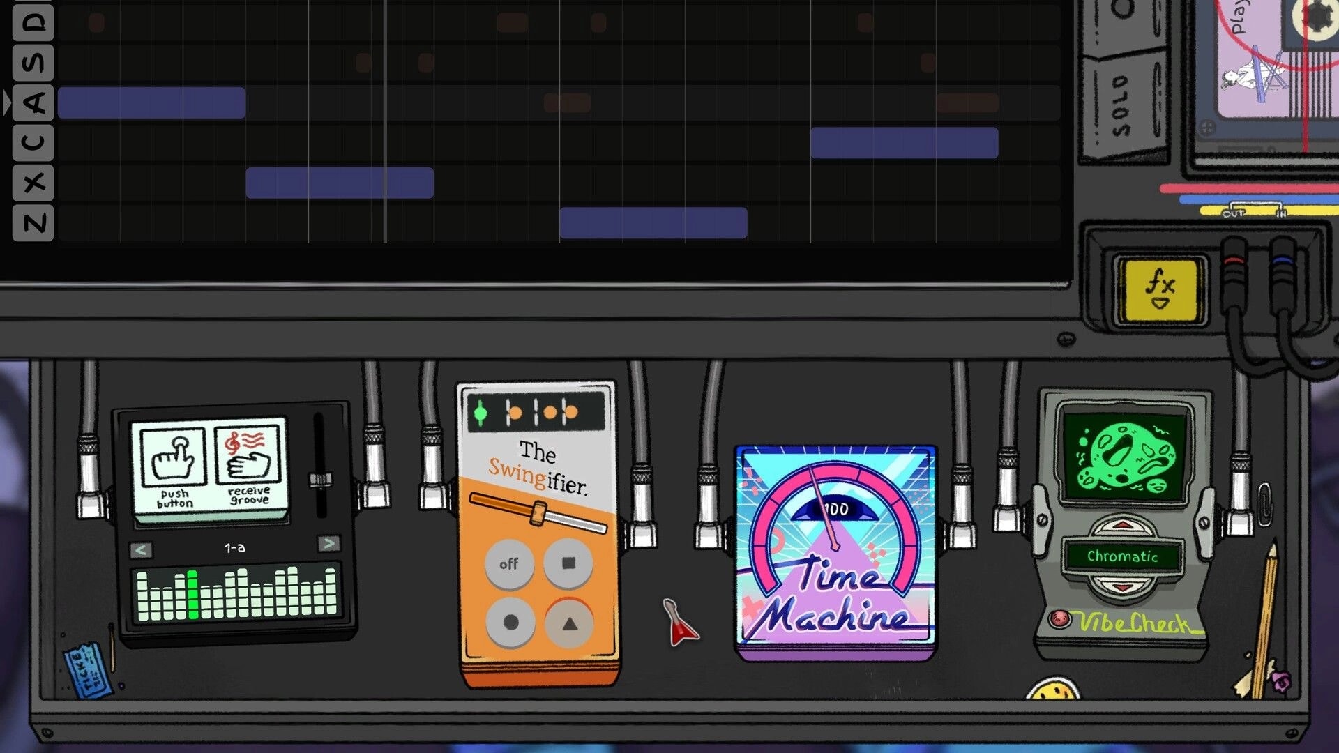 10 Second Mixtape: Piano roll sequencer with notes and effect pedals on a synth rack interface.