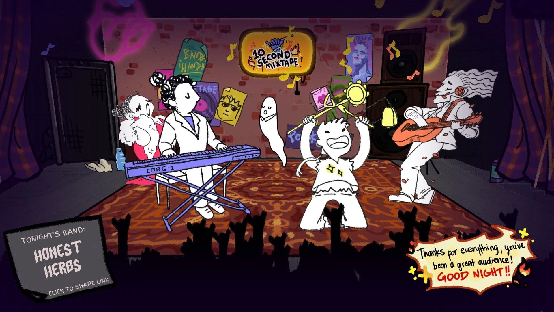 10 Second Mixtape: Cartoon band performs on stage with keyboard and guitar, audience silhouettes below.
