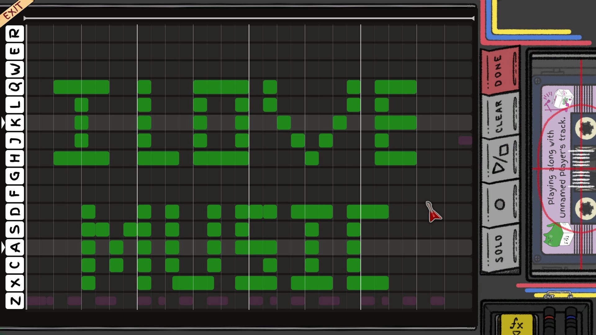 10 Second Mixtape: Piano roll editor placing green note blocks on a grid beside tape deck controls UI.