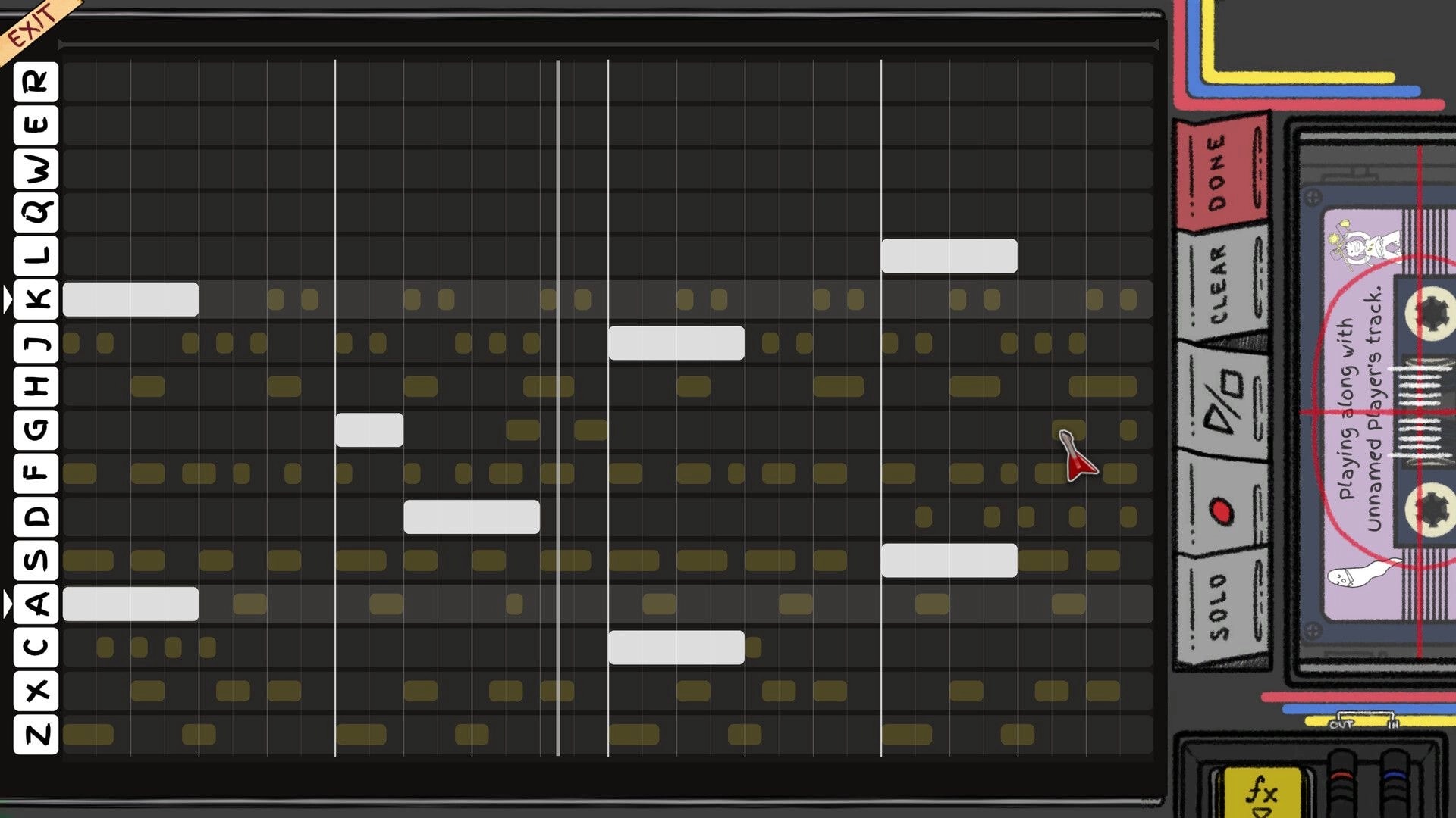 10 Second Mixtape: Piano roll grid with note blocks and keyboard labels beside tape deck UI panel.