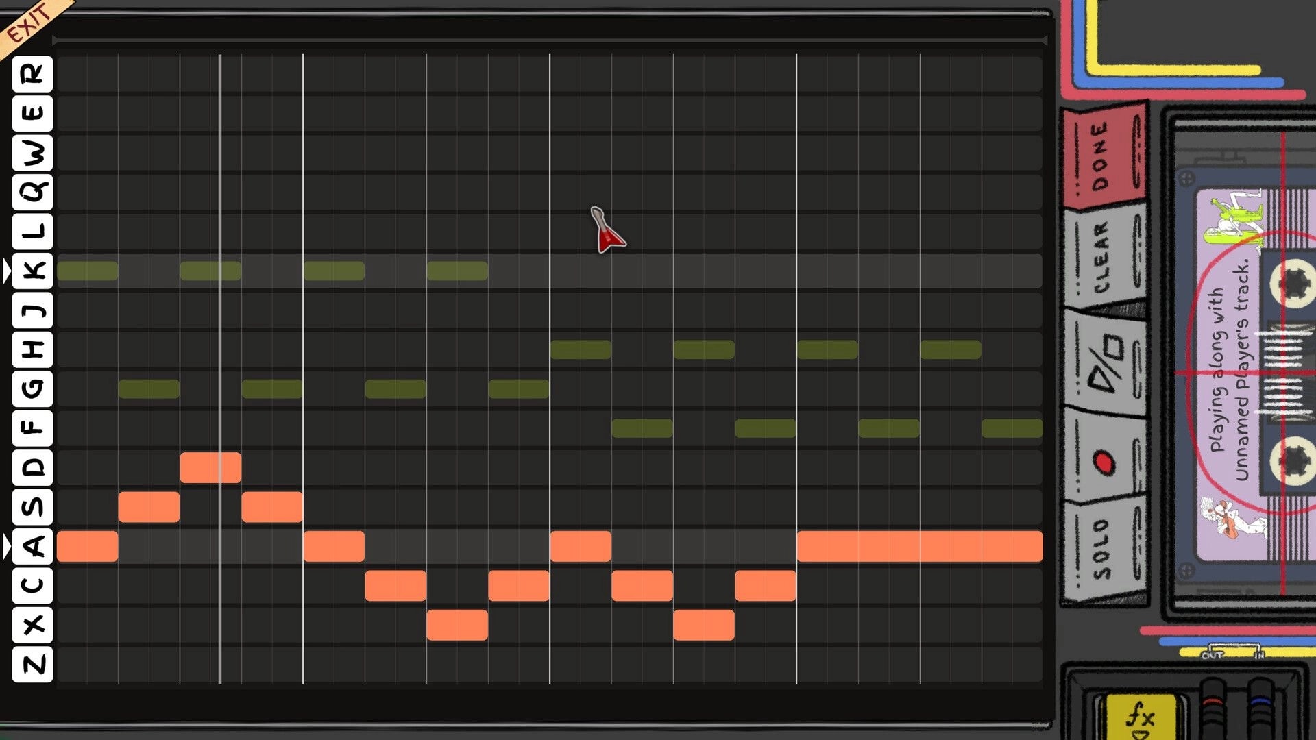 10 Second Mixtape: Piano roll editor with orange and green note blocks on a grid, tape controls at right.