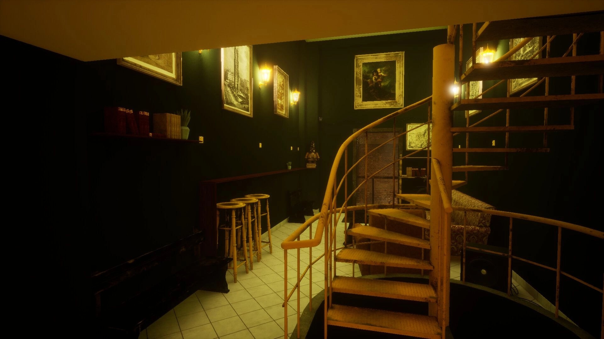 11 Trials of Raz: View of spiral staircase and bar stools in dim lounge with framed art and lamps.