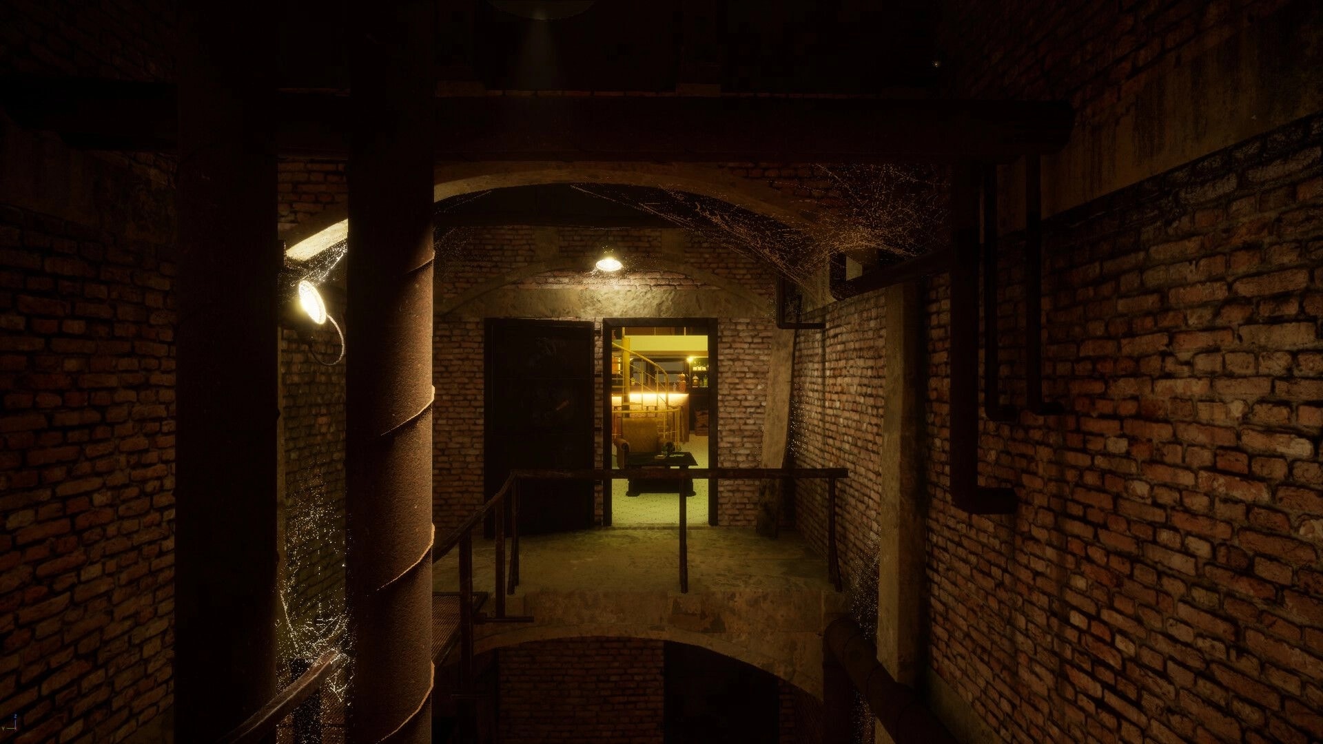 11 Trials of Raz: First-person view of brick catwalk and open doorway into lit machinery room underground.