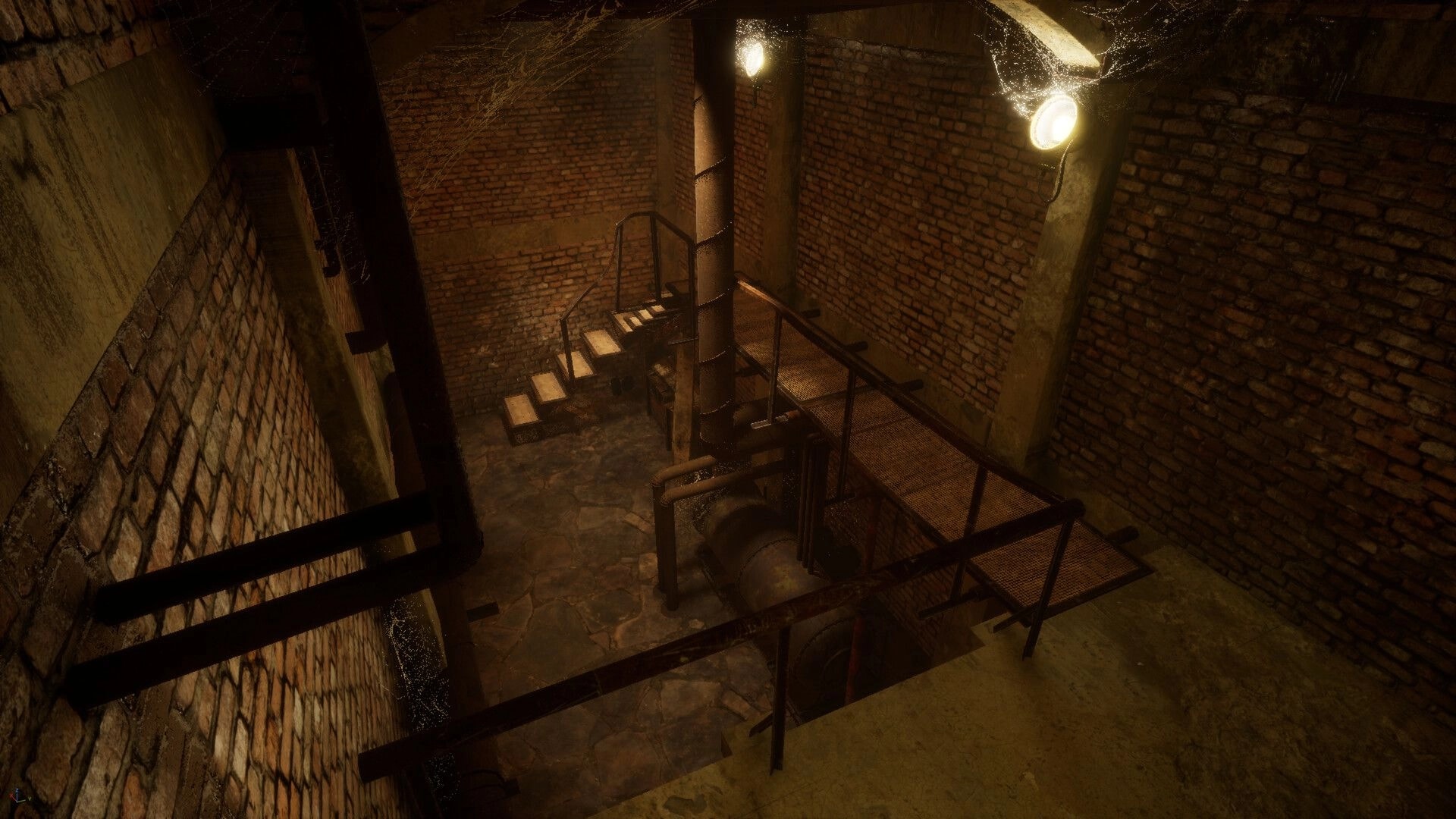 11 Trials of Raz: View down to metal stairs and catwalk over pipes in a dim brick utility shaft.