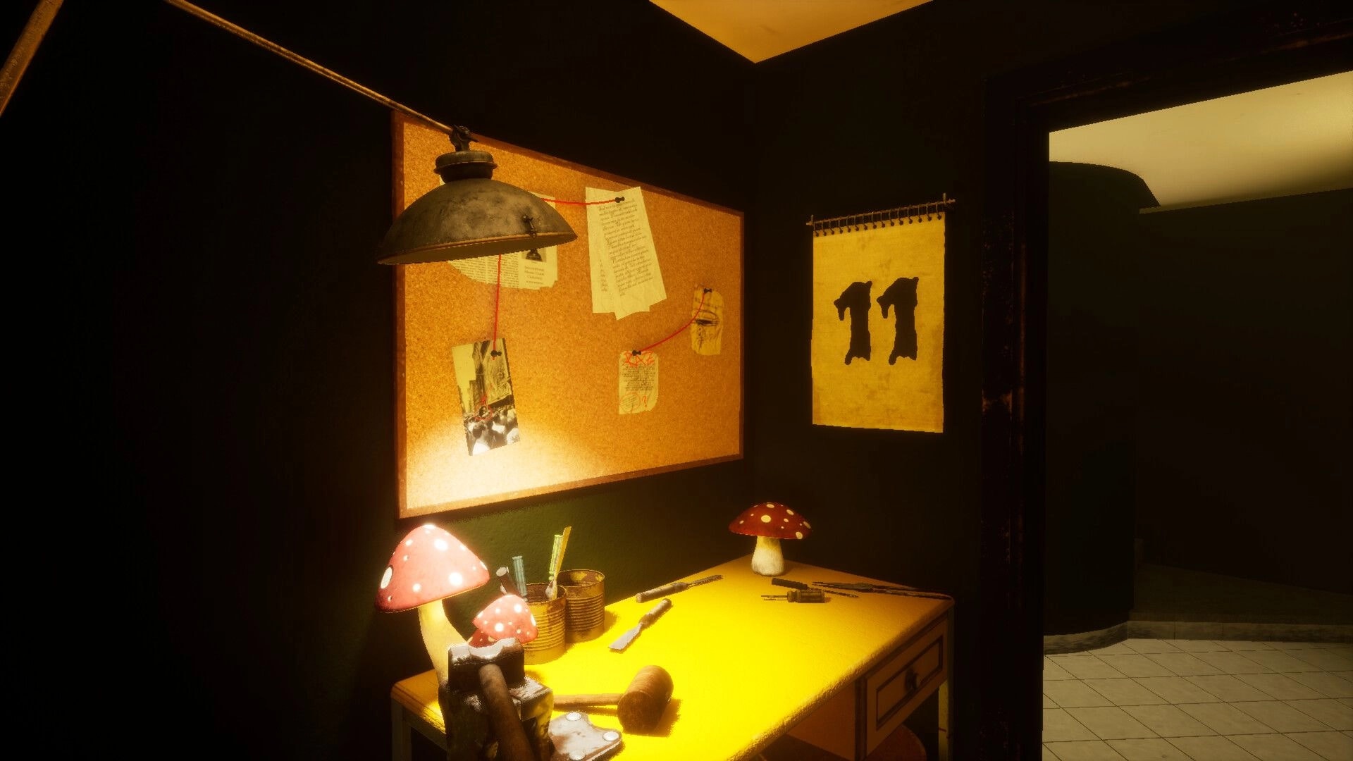 11 Trials of Raz: Desk with tools and mushroom lamps under corkboard notes, Trial 11 sign by doorway.