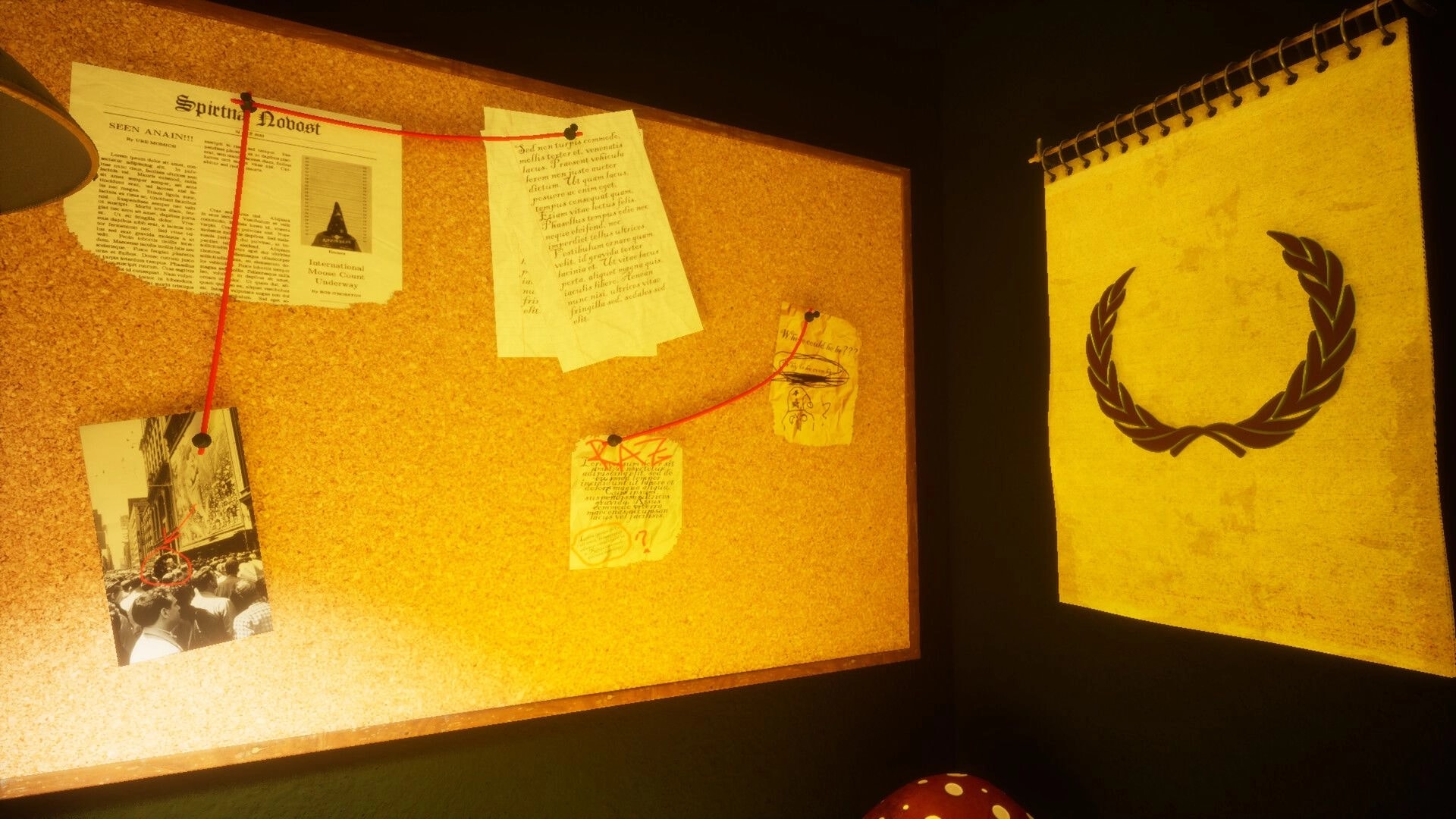 11 Trials of Raz: Investigating a corkboard with pinned notes and red string clues in dim room.