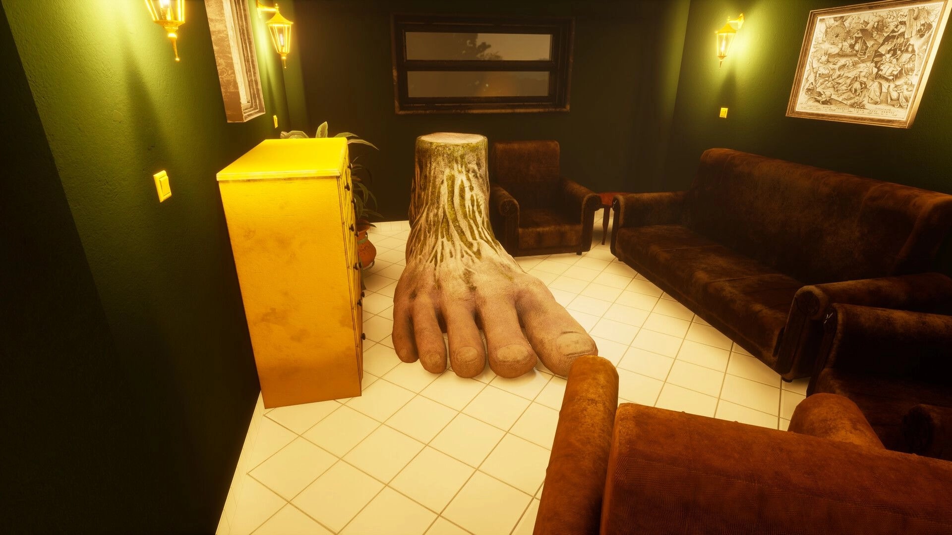11 Trials of Raz: Giant severed foot blocks a small lounge with couch, chairs, and lamps lit.