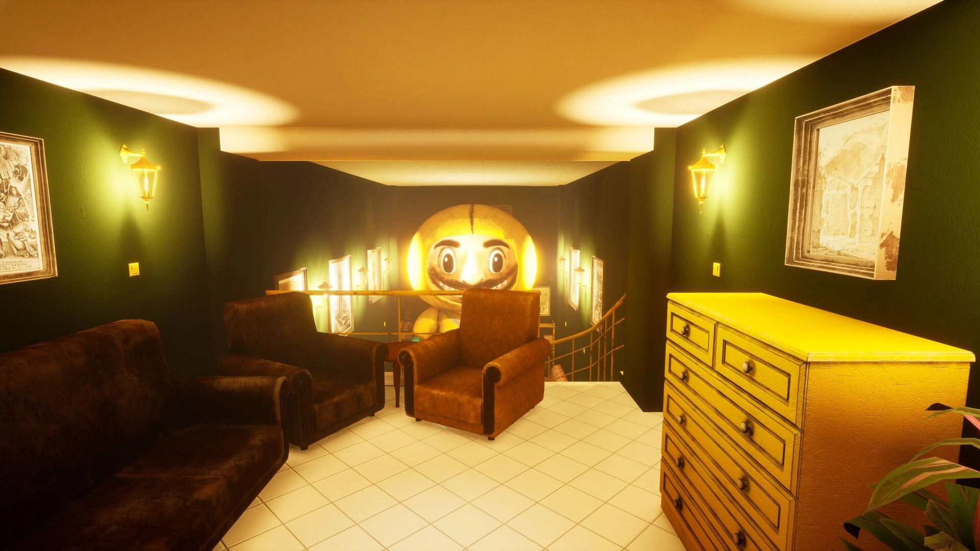 11 Trials of Raz: Giant grinning mascot face looms down a stairwell in a lamp-lit hallway lounge.